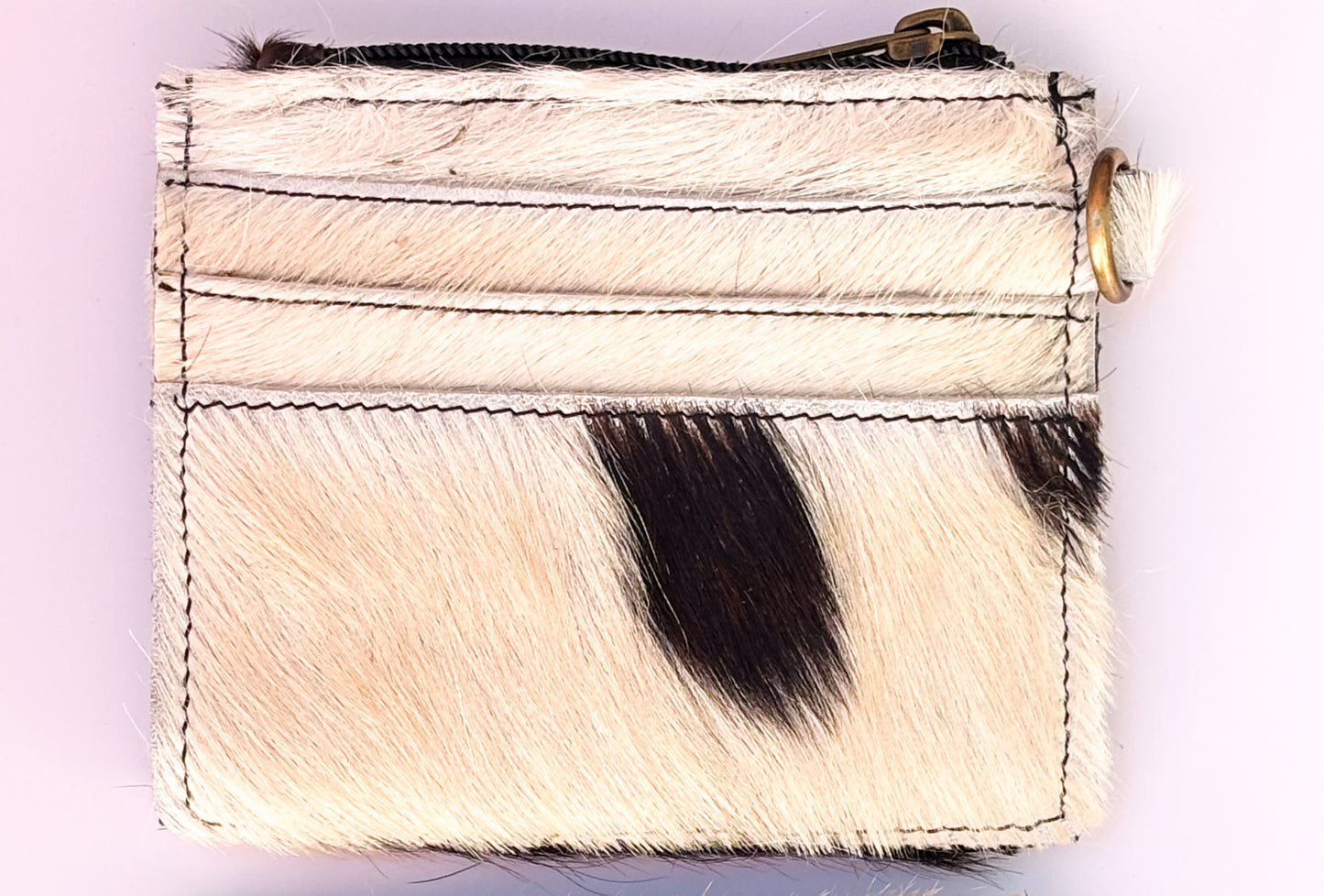 Saddle Drift Wallet- Genuine Hair on Hide leather- features detachable wrist strap, credit card slot, ID card slot and zipper