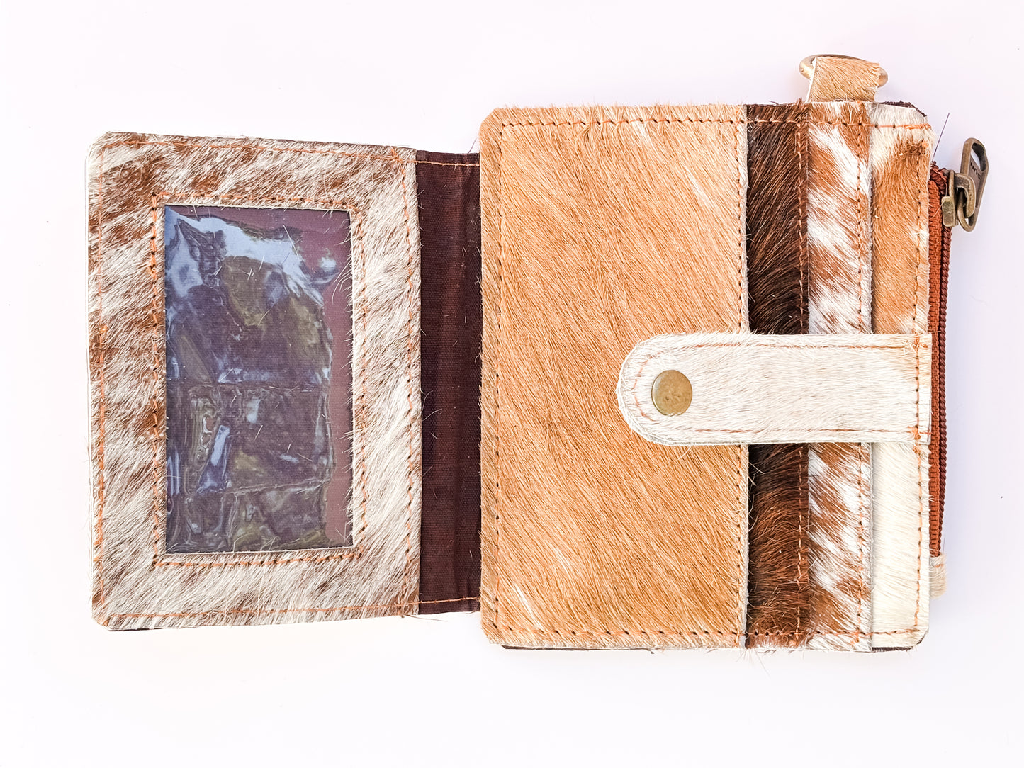Saddle Drift Wallet- Genuine Hair on Hide leather- features detachable wrist strap, credit card slot, ID card slot and zipper