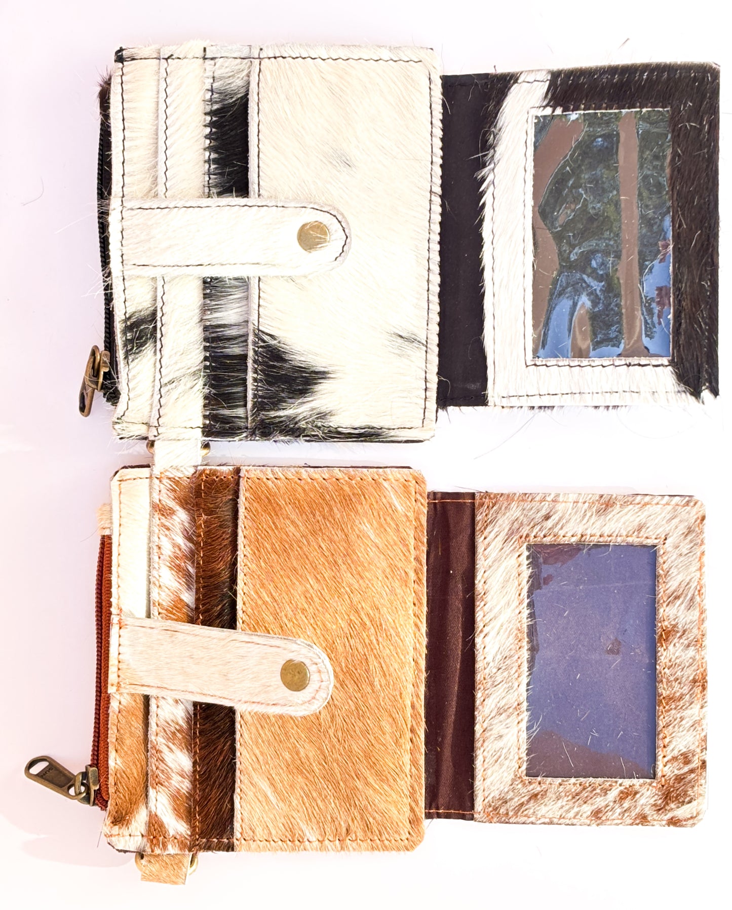 Saddle Drift Wallet- Genuine Hair on Hide leather- features detachable wrist strap, credit card slot, ID card slot and zipper