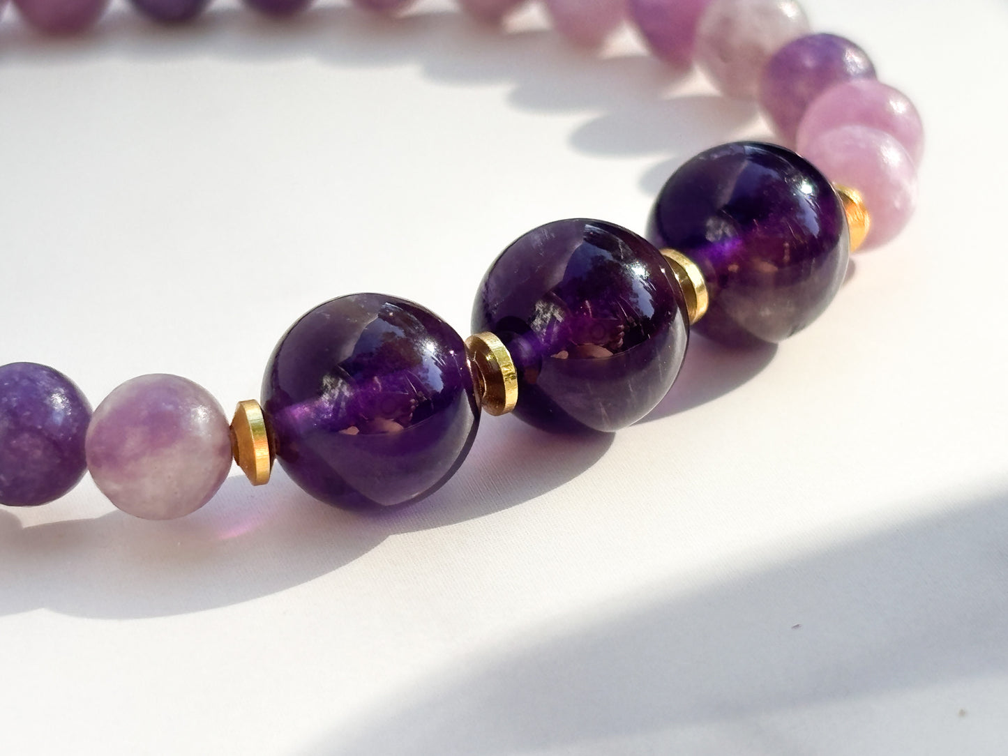 Lepidolite and Zambian Amethyst Beaded Bracelet- grade 1