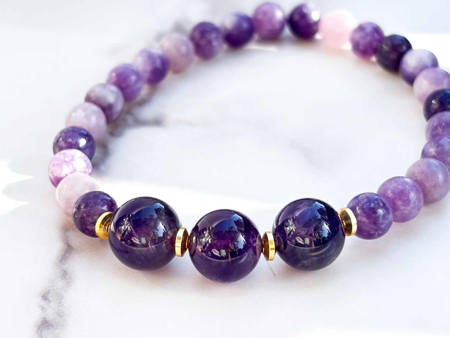 Lepidolite and Zambian Amethyst Beaded Bracelet- grade 1