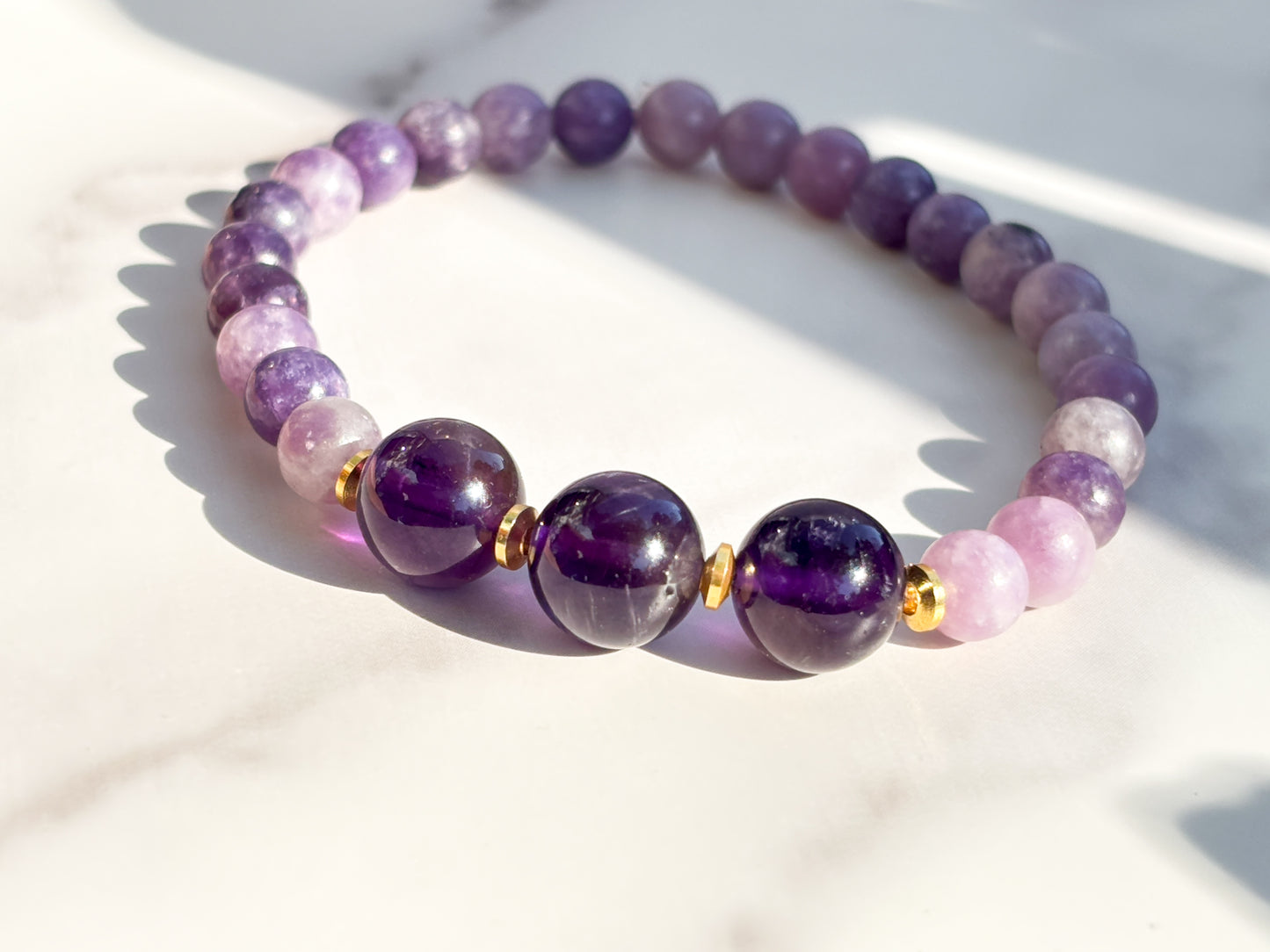 Lepidolite and Zambian Amethyst Beaded Bracelet- grade 1