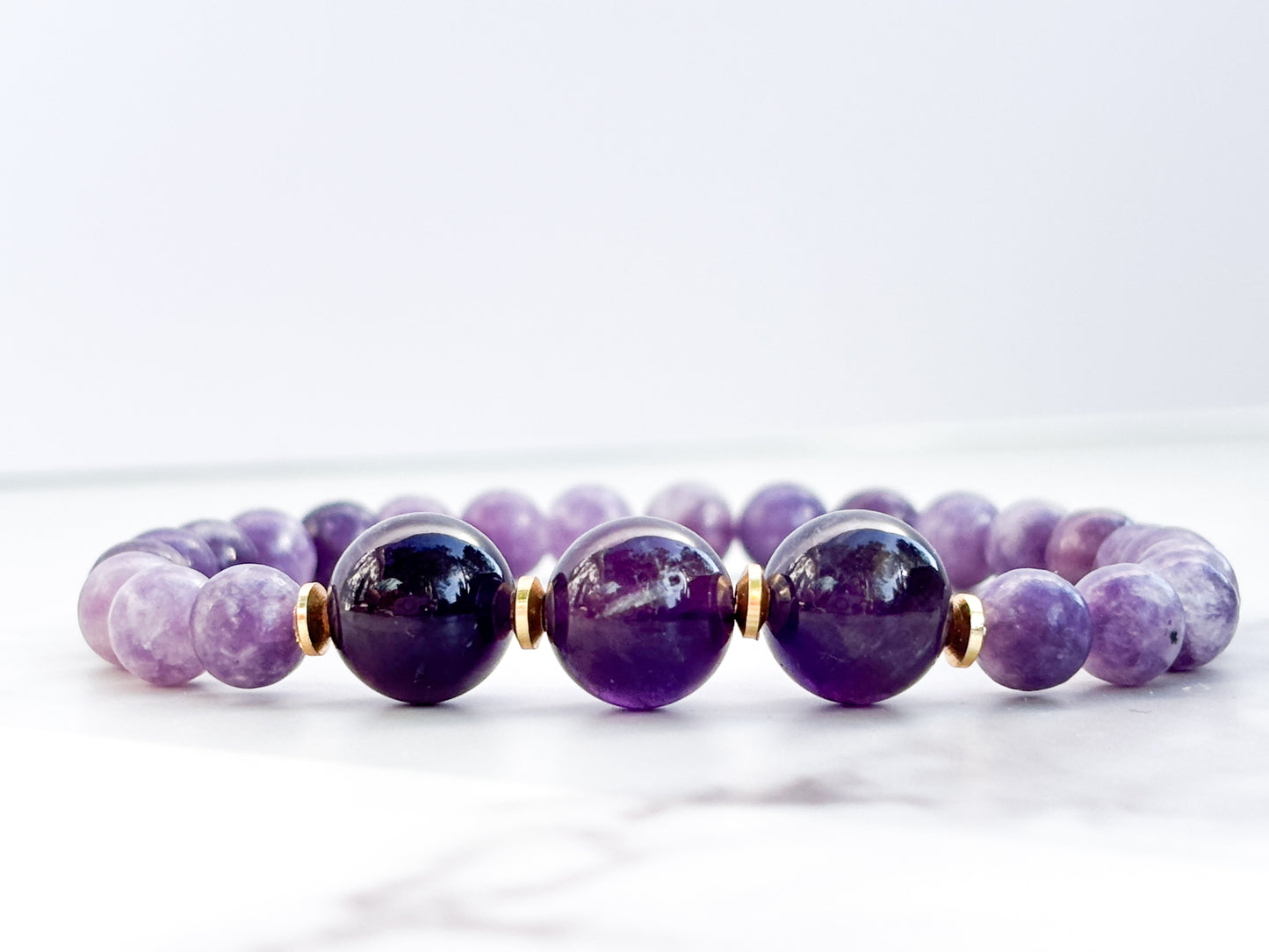 Lepidolite and Zambian Amethyst Beaded Bracelet- grade 1