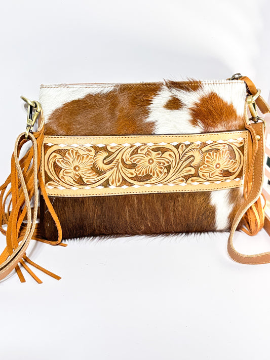 Cowhide Crossbody Bag with Tooled Leather & Fringe | Handmade Western Purse
