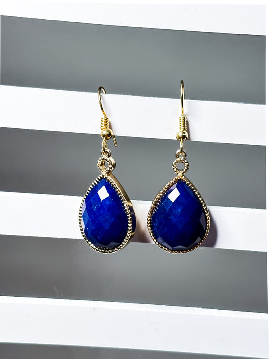 Lapis Teardrop Earrings- Deep Blue Gold- Bezel Framed Dangle