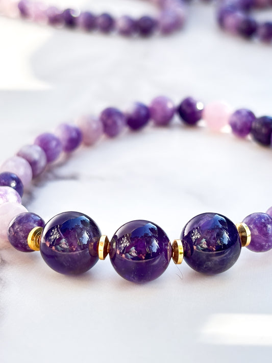 Lepidolite and Zambian Amethyst Beaded Bracelet- grade 1