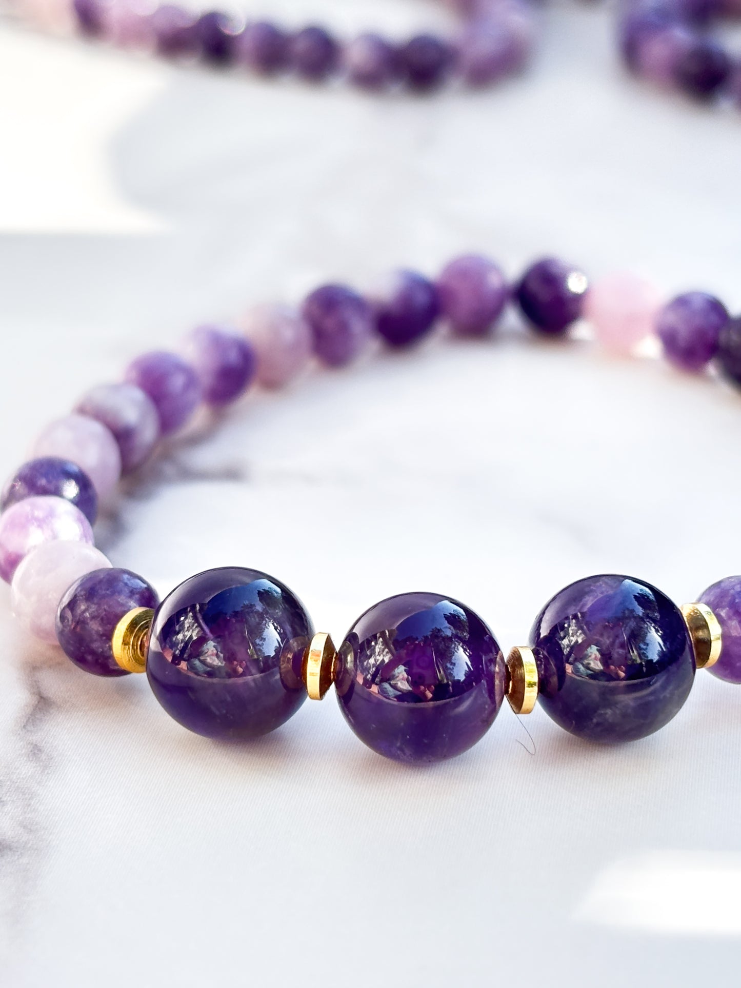 Lepidolite and Zambian Amethyst Beaded Bracelet- grade 1