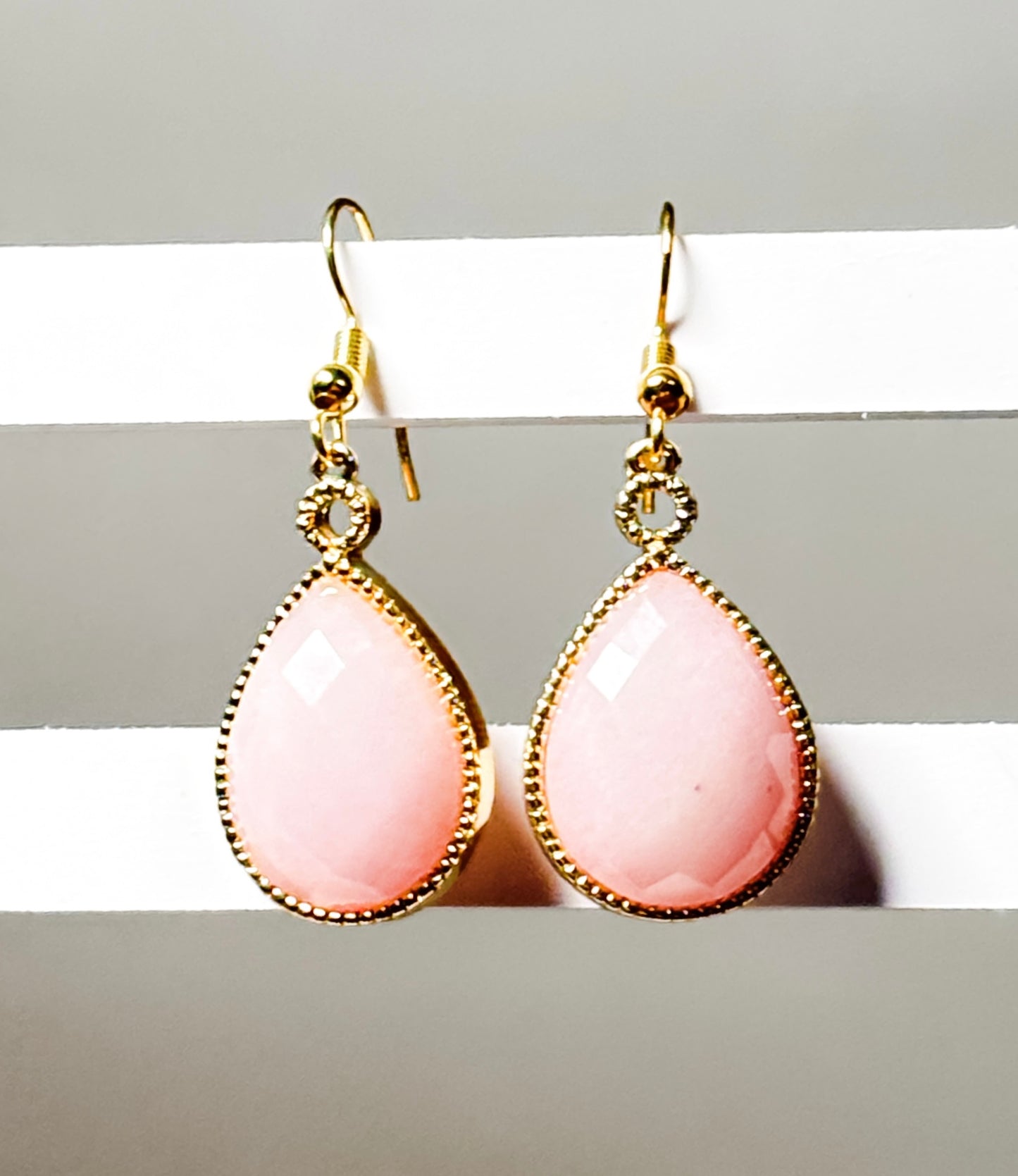Pink Jade Teardrop Earrings- Gold Framed Soft Blush Dangles