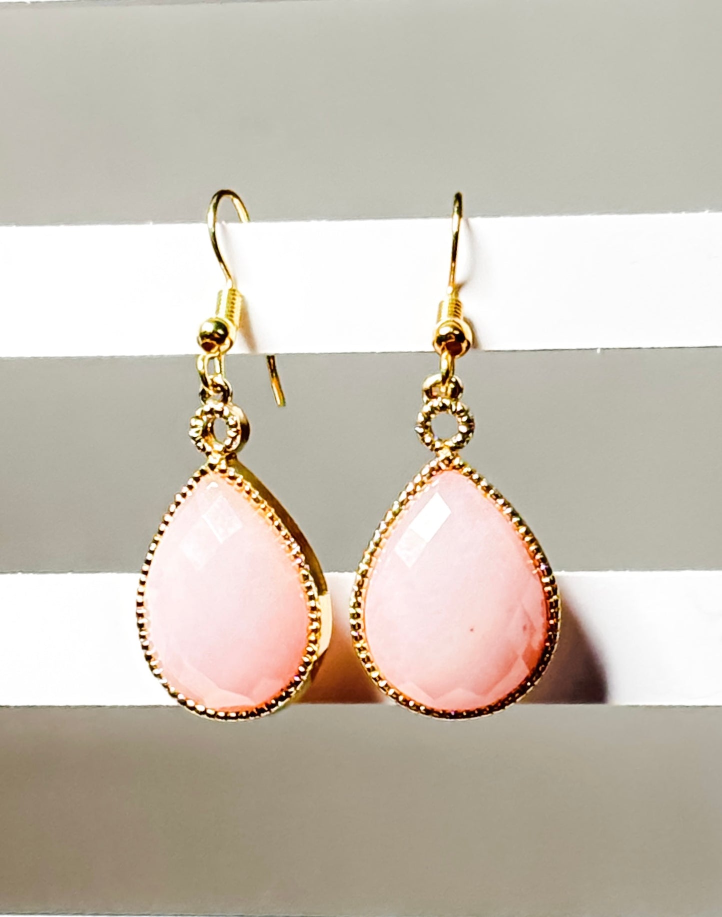 Pink Jade Teardrop Earrings- Gold Framed Soft Blush Dangles