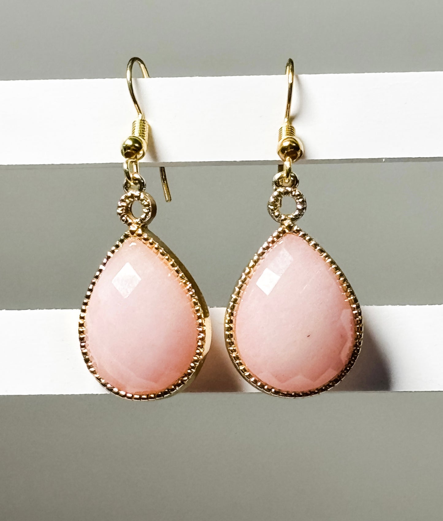 Pink Jade Teardrop Earrings- Gold Framed Soft Blush Dangles