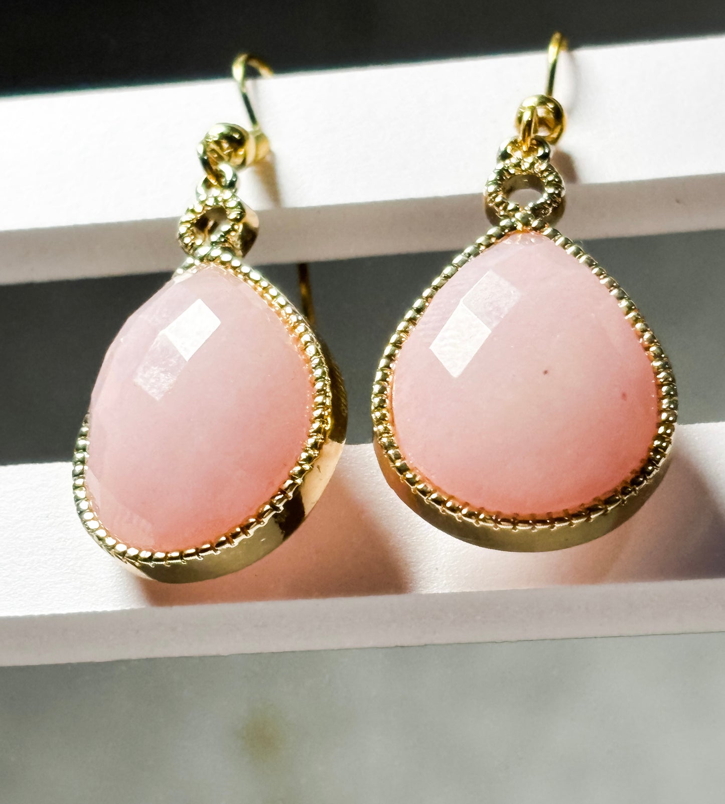 Pink Jade Teardrop Earrings- Gold Framed Soft Blush Dangles